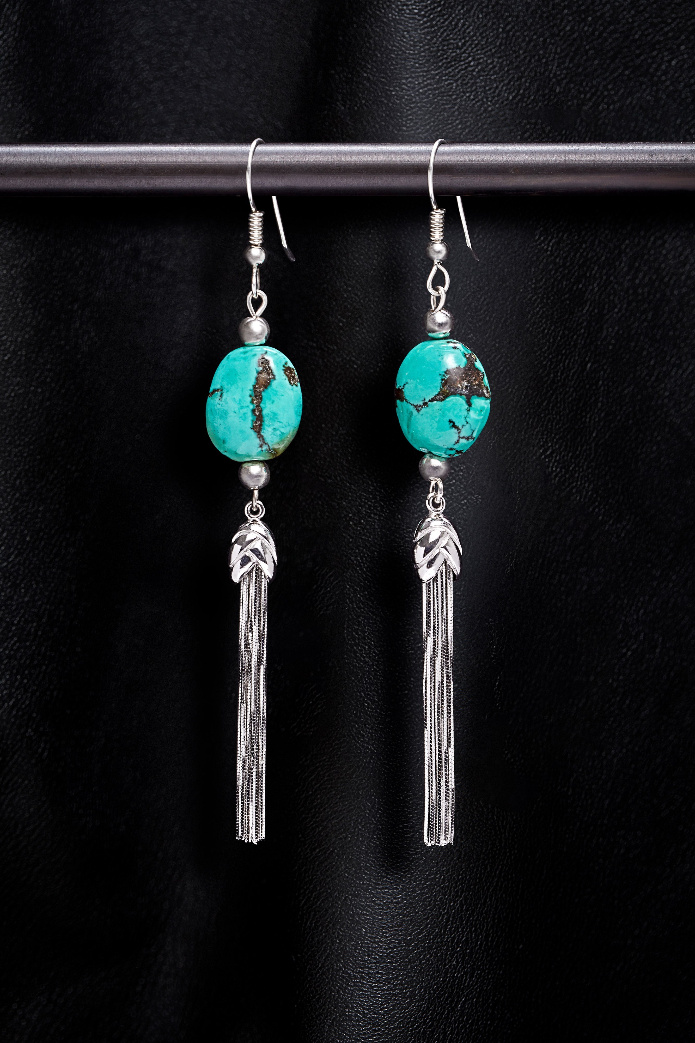 MODERN TURQUOISE AND STERLING SILVER TASSEL EARRINGS