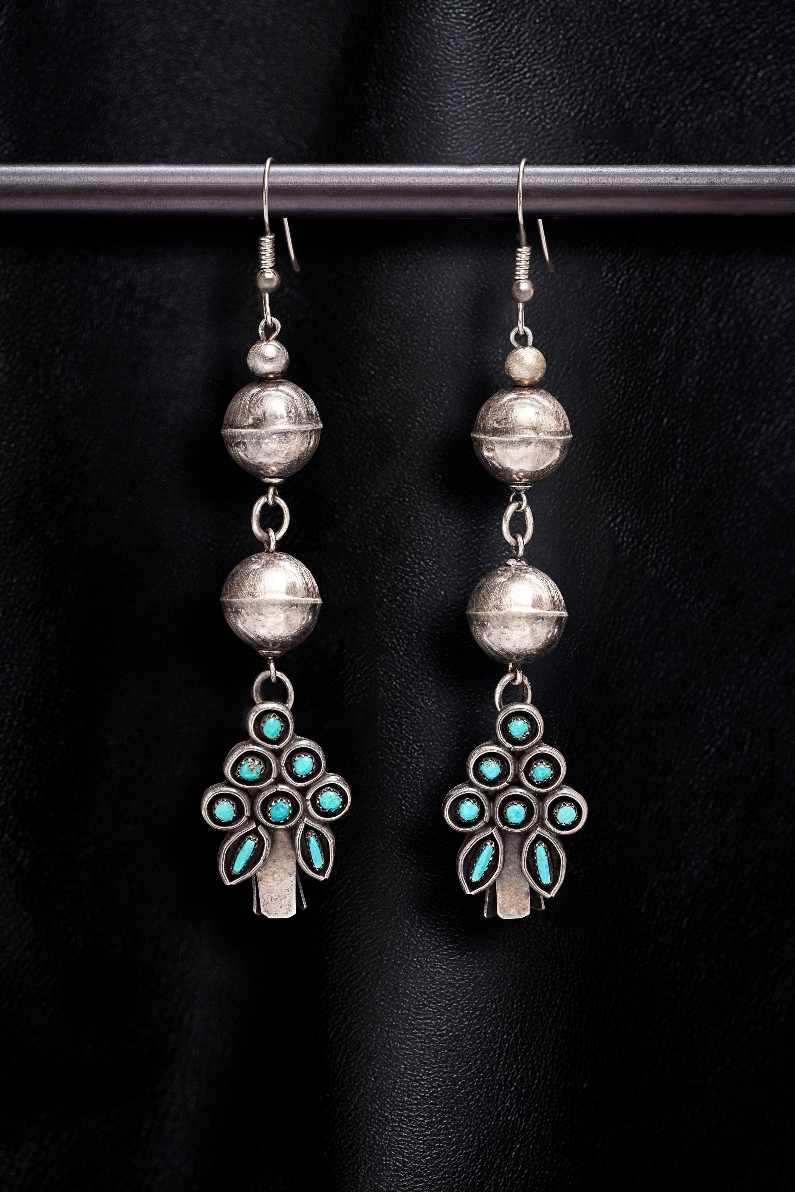 DOUBLE OXIDIZED STERLING BEAD WITH VINTAGE STERLING SILVER AND TURQUOISE TREE EARRINGS