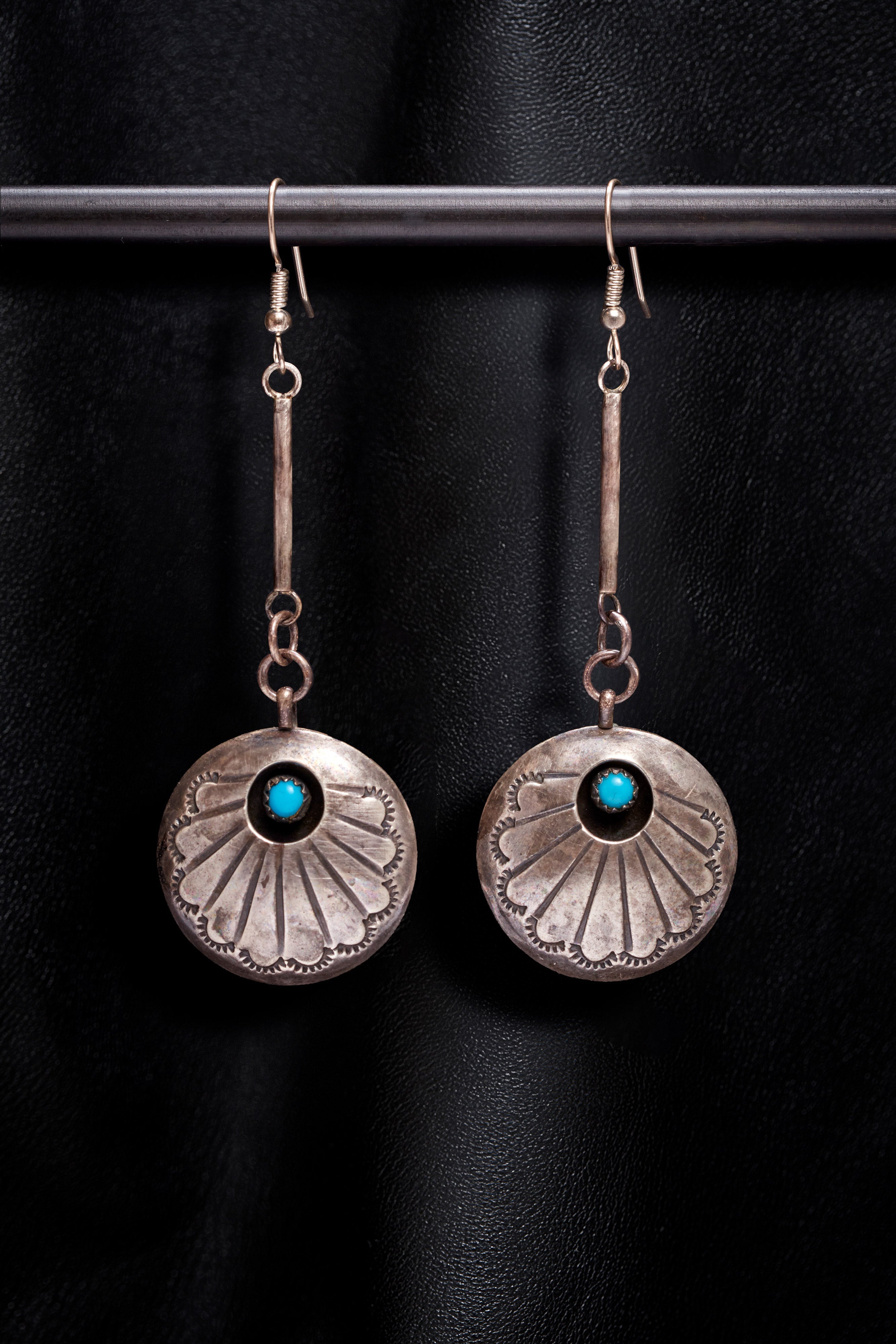 OXIDIZED STERLING SILVER BAR WITH VINTAGE STERLING SILVER AND TURQUOISE CONCHO EARRINGS