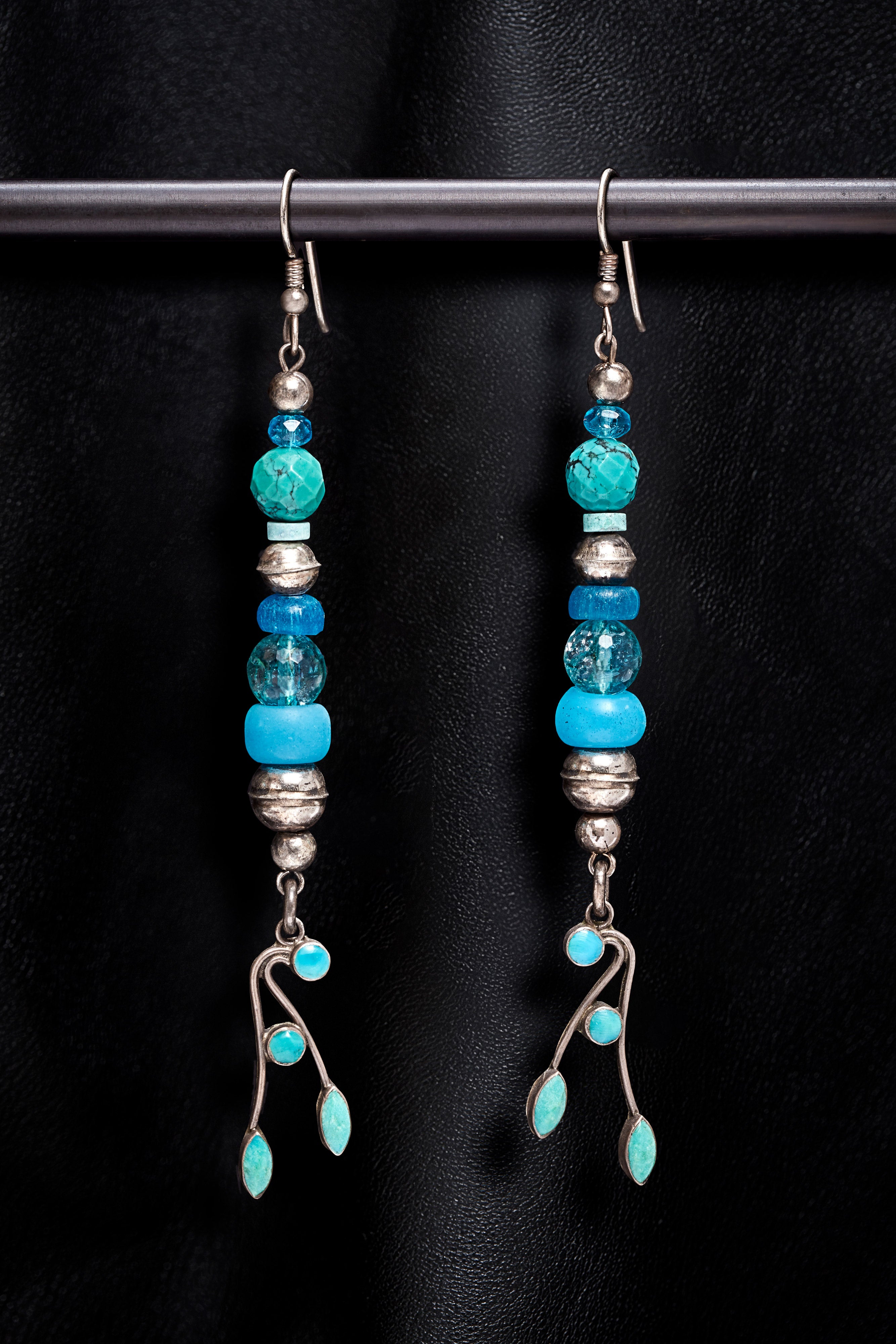 LAYERED BLUE WITH VINTAGESTERLING SILVER AND TURQUOISE VINE EARRINGS