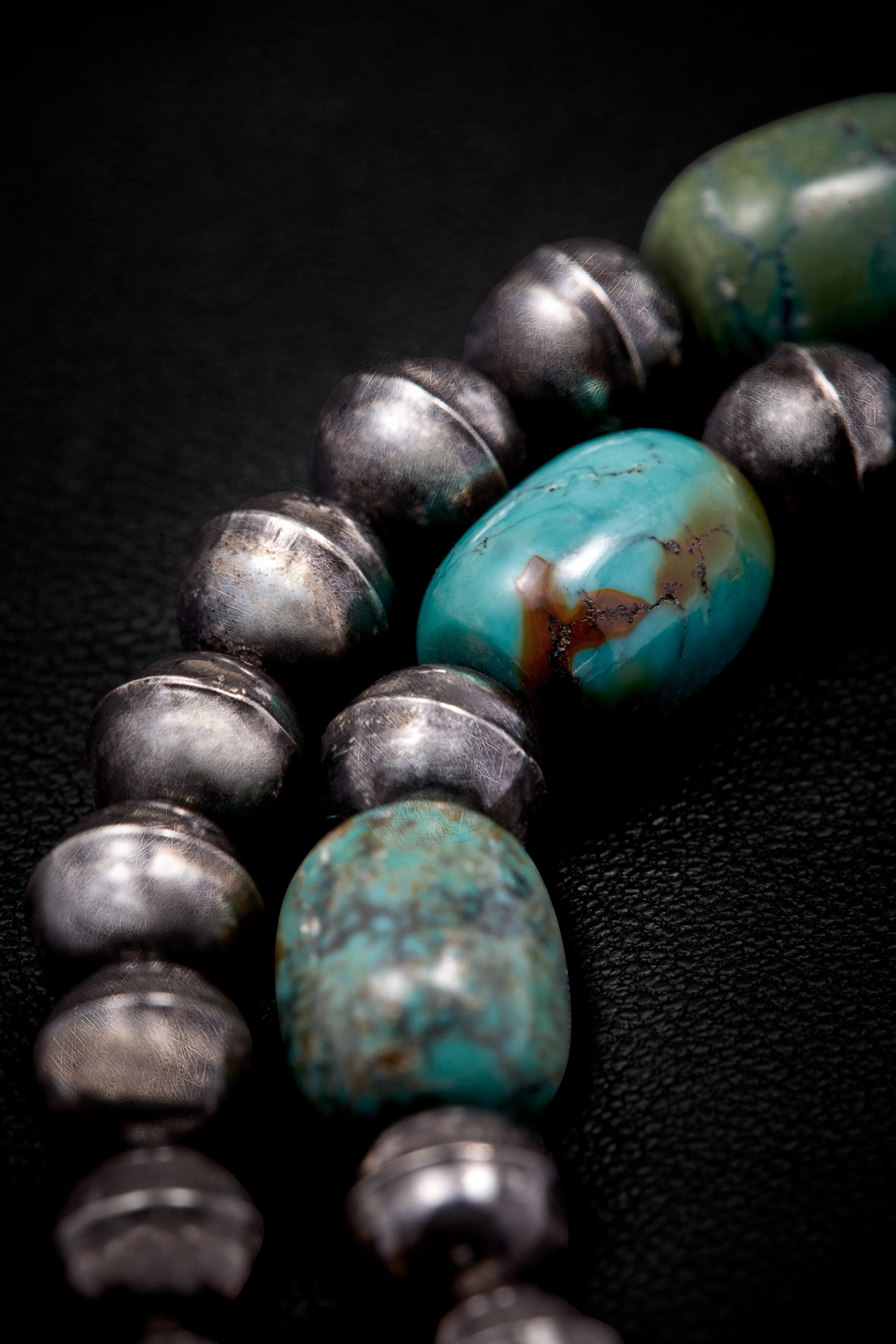 BLUE-GREEN TURQUOISE AND OXIDIZED STERLING SILVER FEATHER NECKLACE