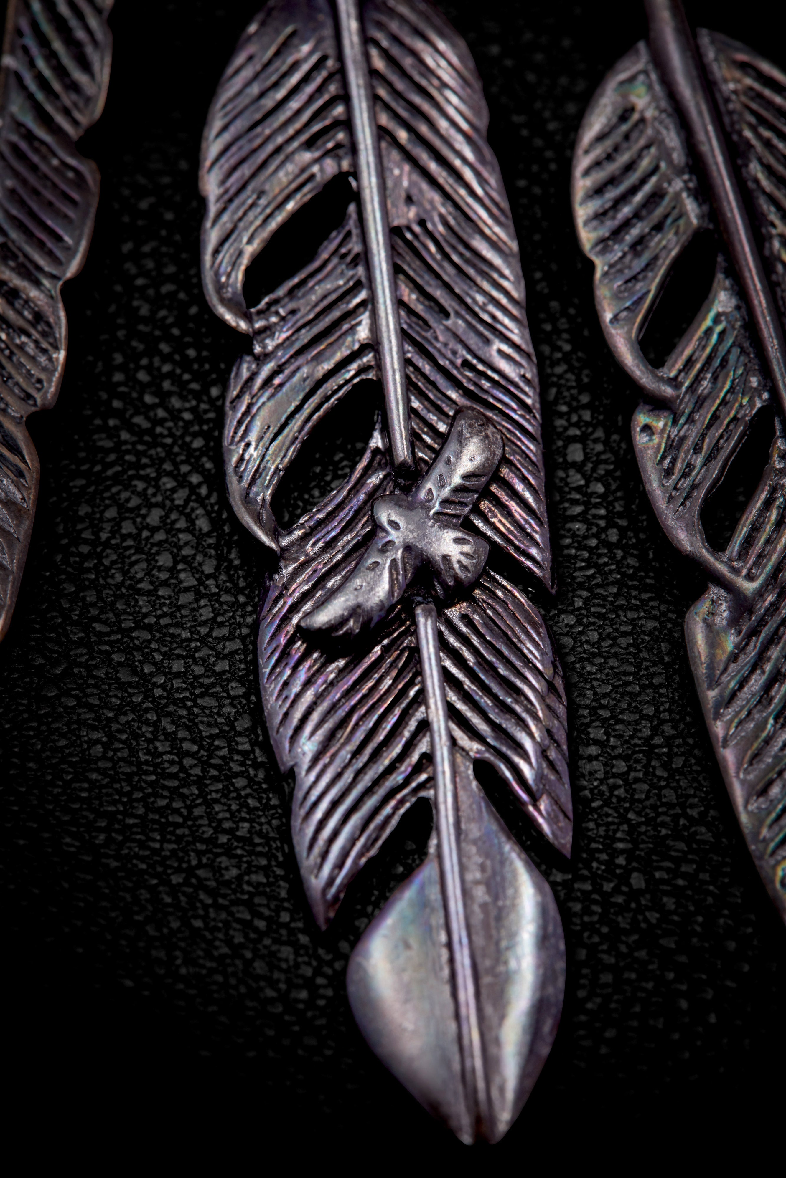 BLUE-GREEN TURQUOISE AND OXIDIZED STERLING SILVER FEATHER NECKLACE