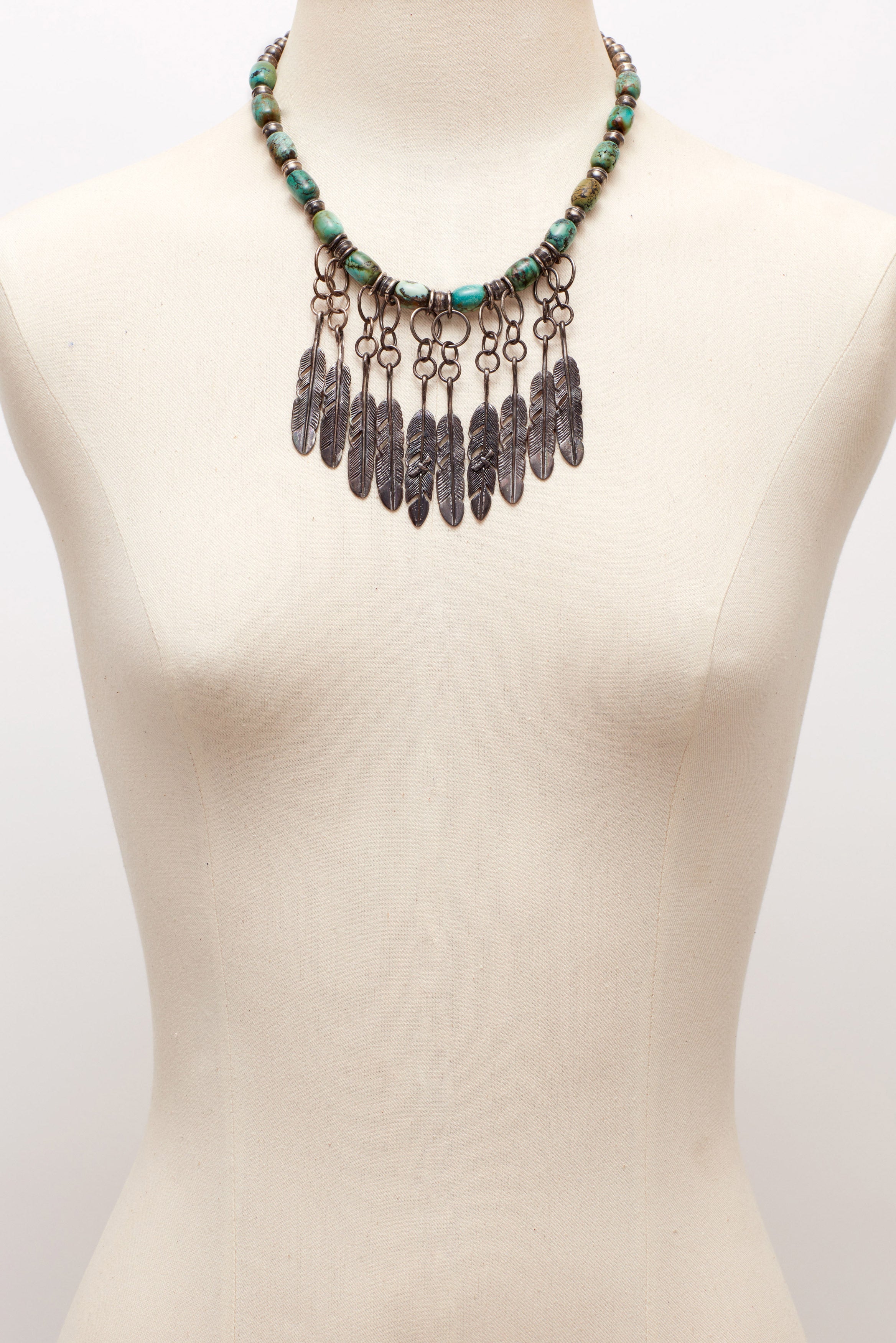 BLUE-GREEN TURQUOISE AND OXIDIZED STERLING SILVER FEATHER NECKLACE
