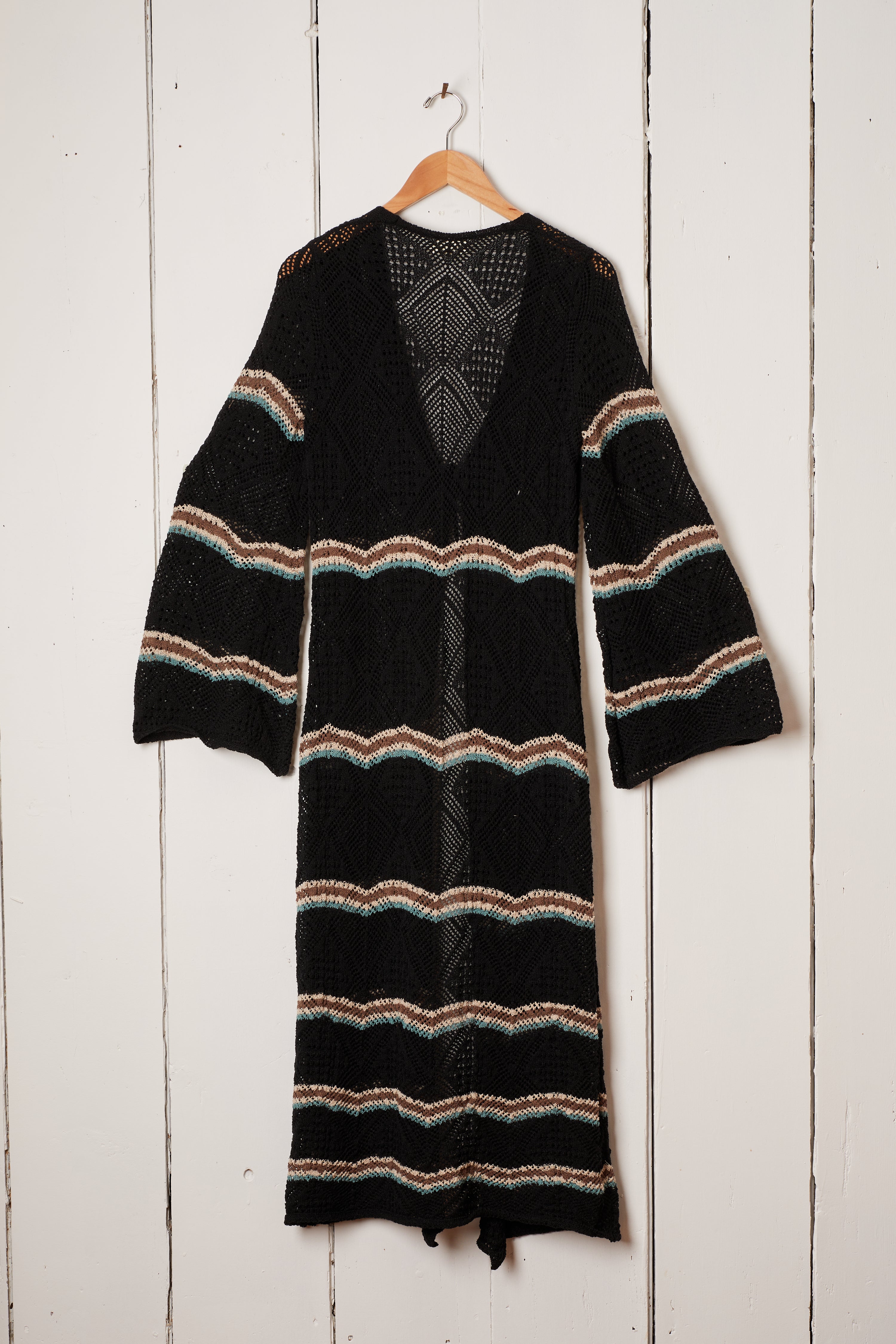 STRIPED CROCHET KNIT DUSTER - BLACK