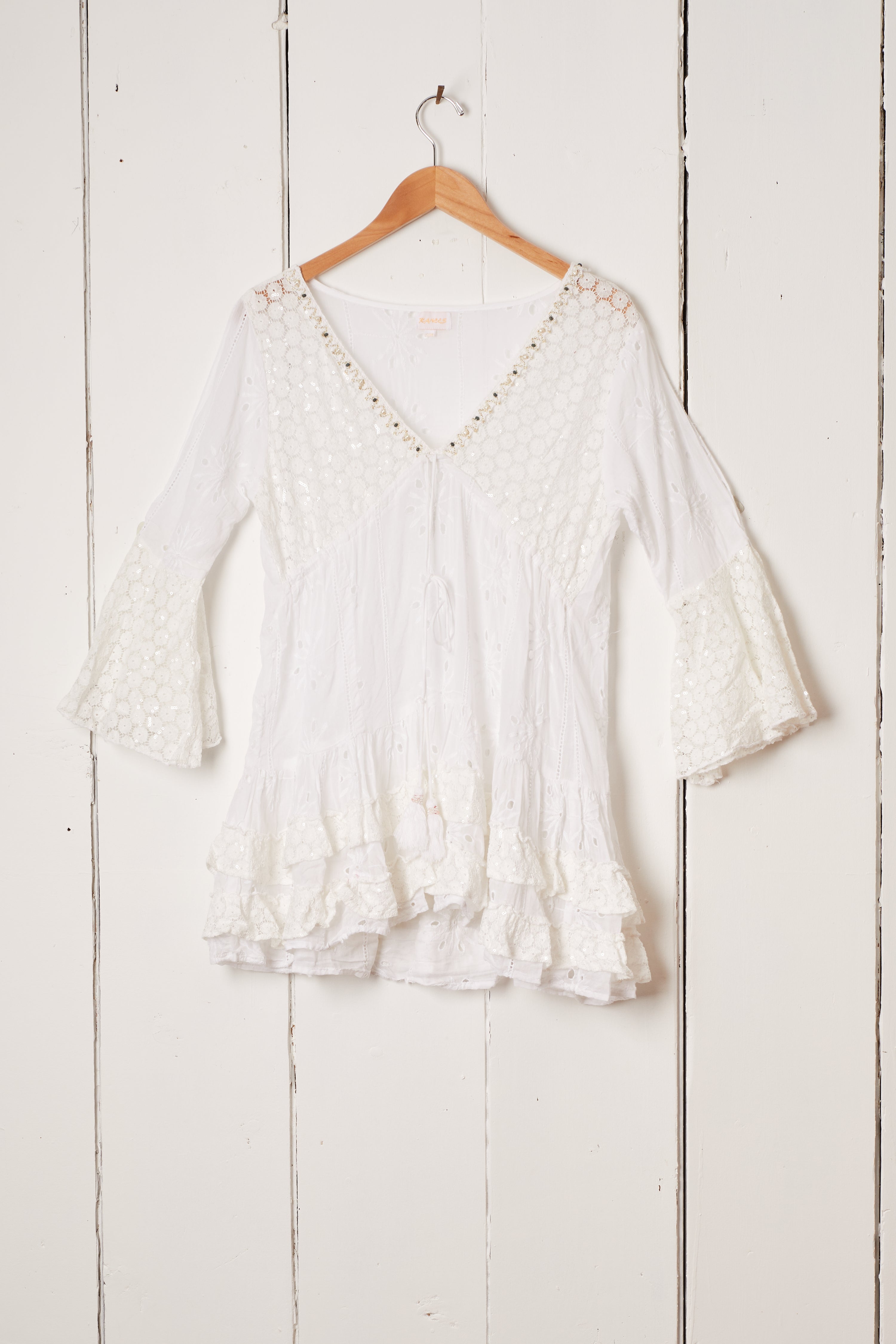 WHITE EYELET SHELL LONG SLEEVE MINI DRESS