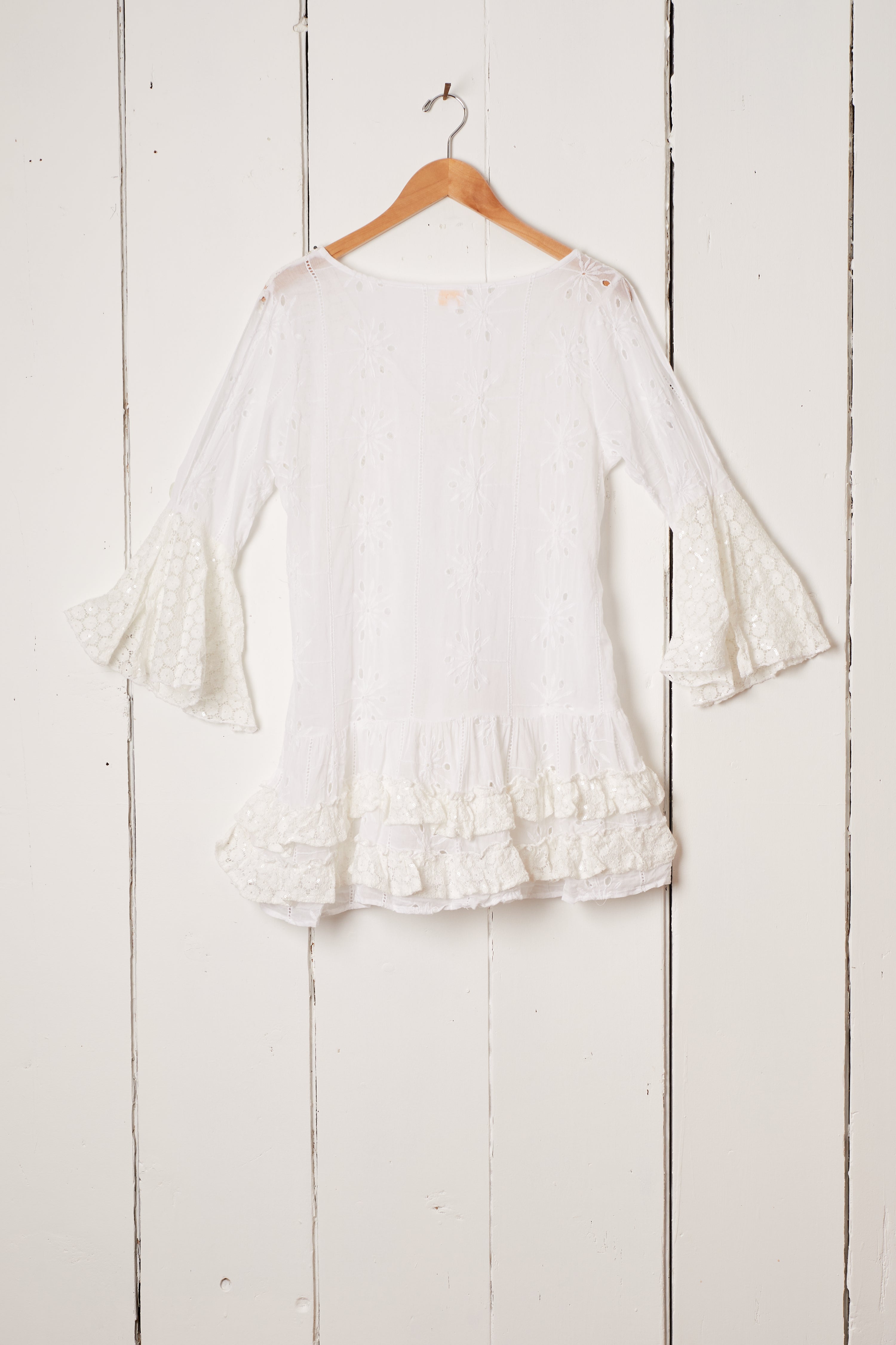 WHITE EYELET SHELL LONG SLEEVE MINI DRESS