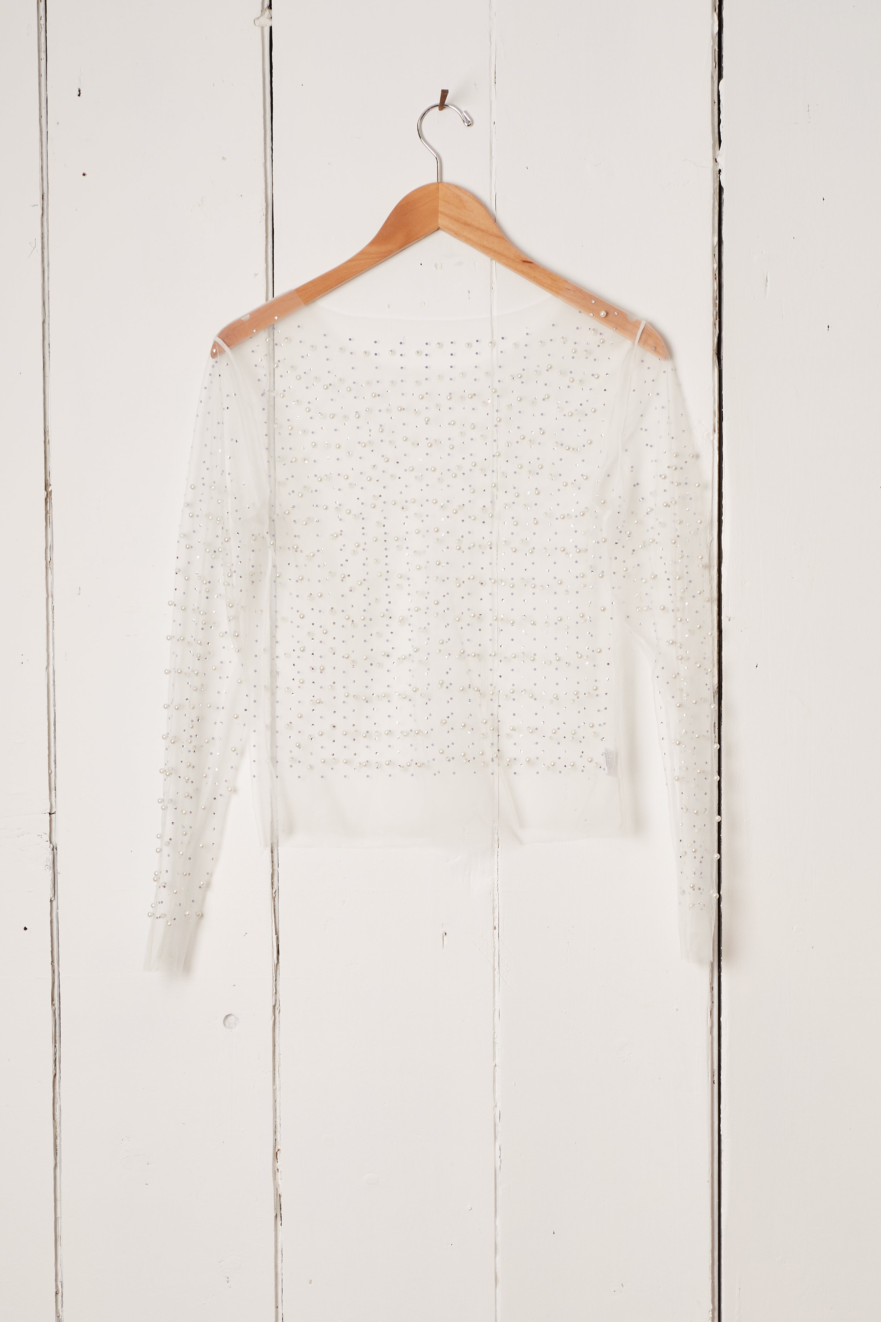 WHITE PEARL STUDDED SHEER LONG SLEEVE SHIRT