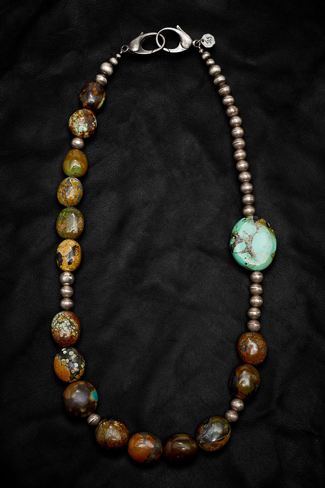ECLECTIC OLIVE-BROWN AND TURQUOISE OXIDIZED STERLING SILVER NECKLACE