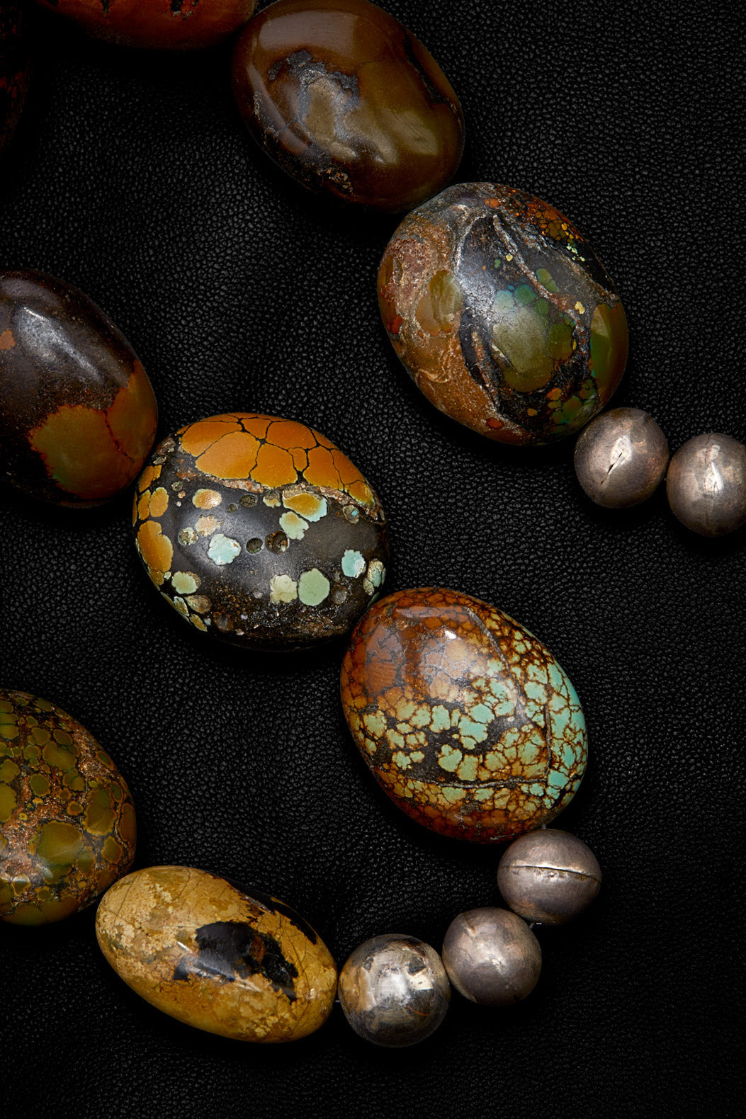 ECLECTIC OLIVE-BROWN AND TURQUOISE OXIDIZED STERLING SILVER NECKLACE