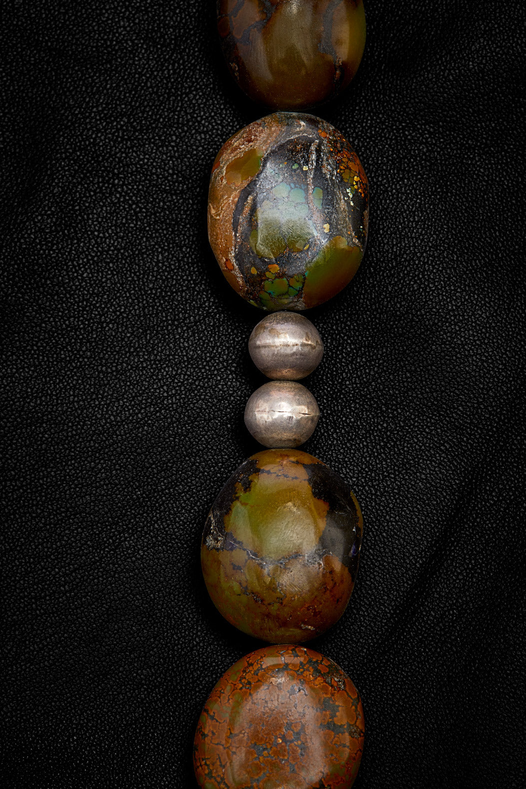 ECLECTIC OLIVE-BROWN AND TURQUOISE OXIDIZED STERLING SILVER NECKLACE