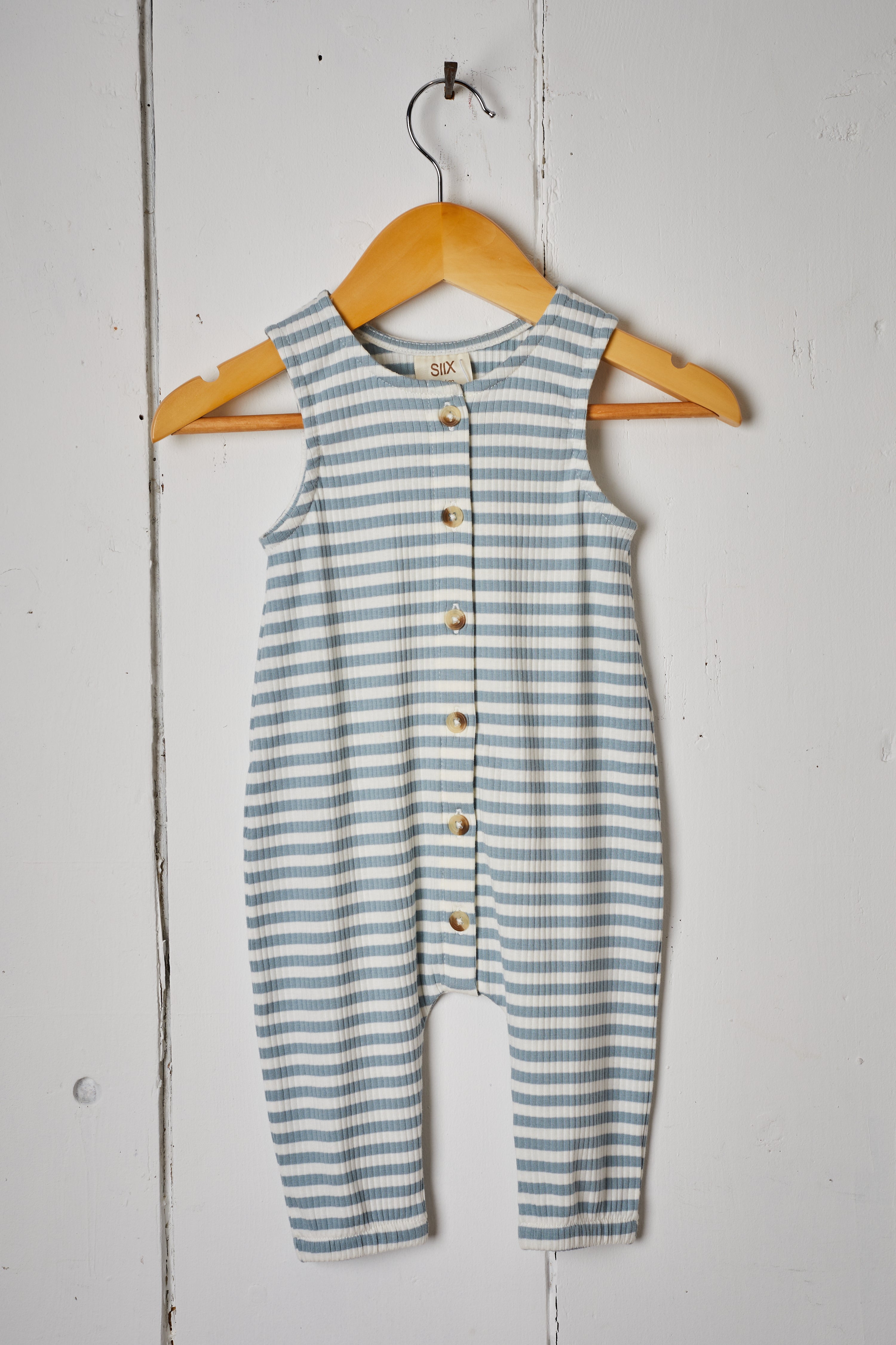 DUSTY BLUE STRIPE ORGANIC RIBBED BABY JUMPSUIT